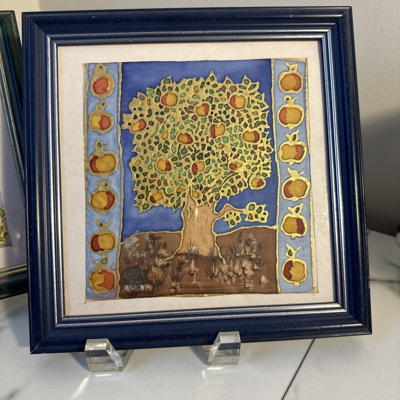 Pair (2) Small Hand Painted Silk Trees Art Framed gallery