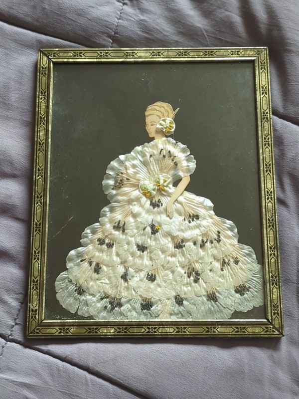 Vtg Framed RIBBON ART PICTURE Paper Doll in White Ribbon Flowers 9″X11″ Framed