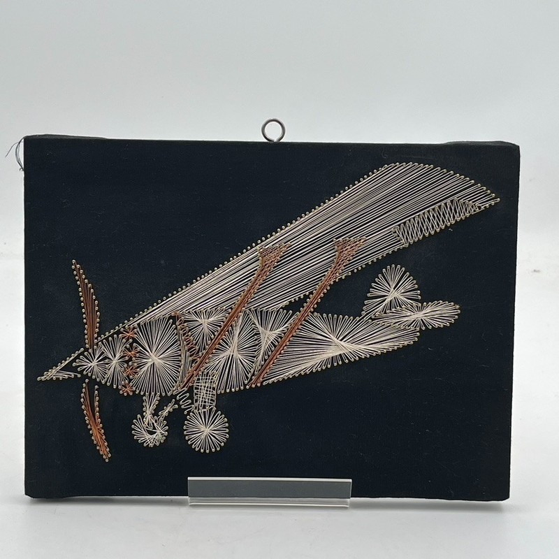 VTG 3D Art Wall Framed Metallic Gold Metal Wire Steampunk Style Plane Pilot