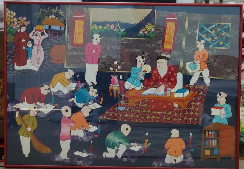 Large Vietnamese Embroidered Silk Archaic School Teacher Students Artwork Plaque