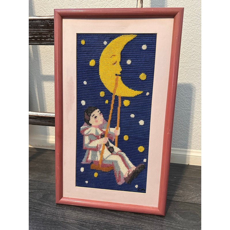VTG Pierrot La Lune Crewel Embroidery Needlepoint Art Beaded Framed Wall Art
