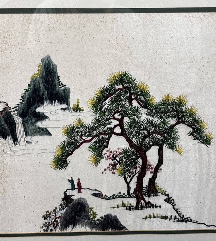Vintage Chinese Silk Embroidered Landscape Flying Spring Amidst the Pines Signed gallery