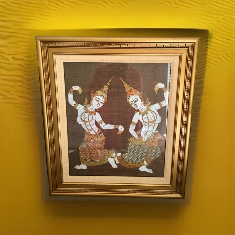 Antique Temple Kinnara Thai Dancing Couple On SILK Print 23x26” Framed & Matted gallery