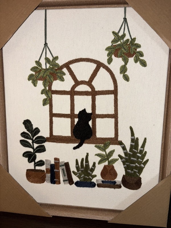 New BP Home Woven Embroidered Textile Wall Art Black Cat In The Window 12”x15”