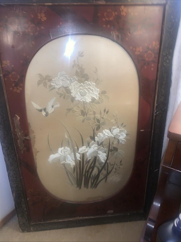 Vintage Embroidered Framed Art Flowers and Birds Framed