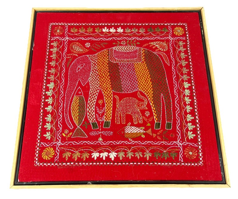 Aarong Bangladesh Embroidered Textile Art Framed Folk Boat Scene 20x20