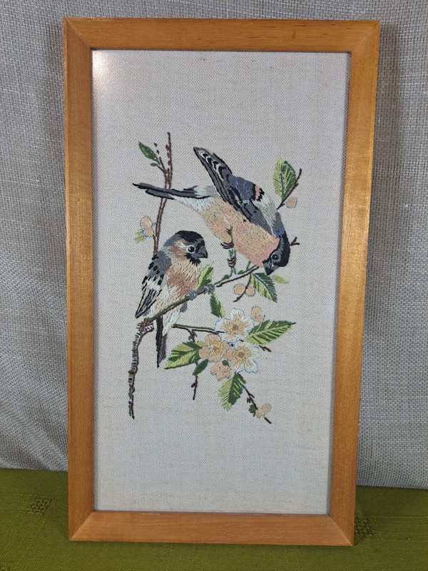 Vintage Embroidered Picture – Bullfinch Bird Sampler – Hand Embroidered 16” X 9”