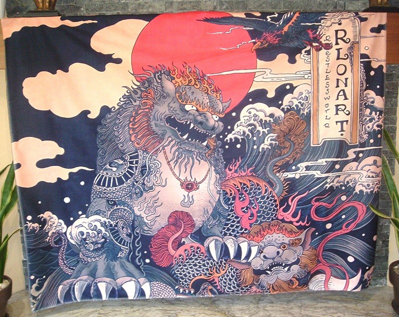 RARE Rlon Wang Surrealist Artist, Large Fabric Wall Art DRAGON 46″ x 58″