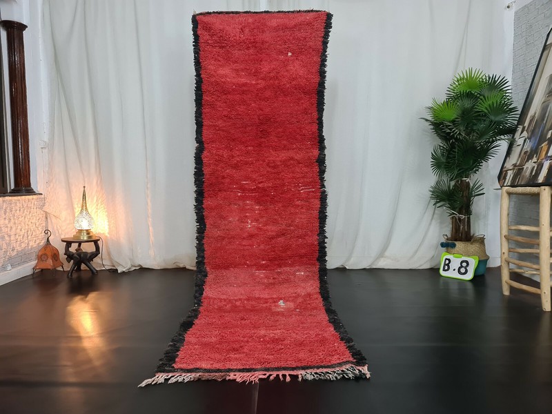 Handmade Moroccan Vintage Runner Rug 2'8"x9'2" Solid Berber Red Black Wool Rug