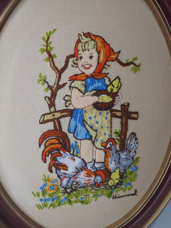 Hummel Framed CROSS STITCH ART 1976 Oval Farm Boy & Girl 12" Vintage Decor gallery