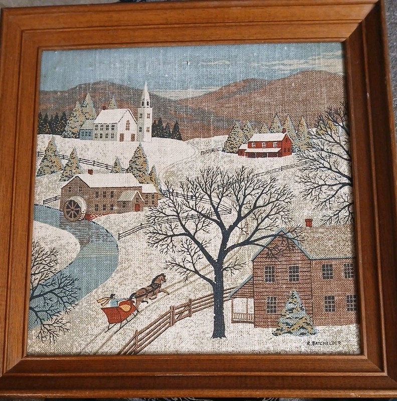 KayDee Pure Linen Winter Church Country Print Framed Signed R.Batchelder Fabric