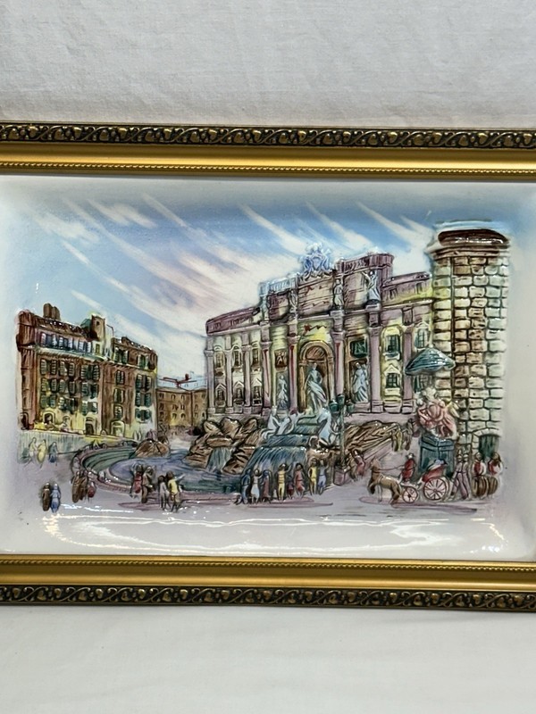 Framed Ceramic Majolica Plaque Trevi Fountain in Rome Hand Painted 11.5”x15.5” gallery