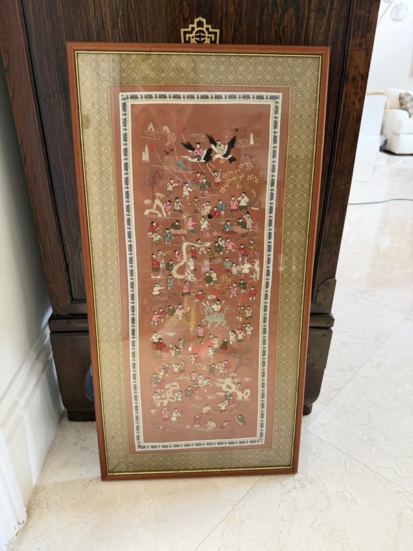 Framed Embroidered Silk Tapestry Children Birds Dragon People Nature Art gallery