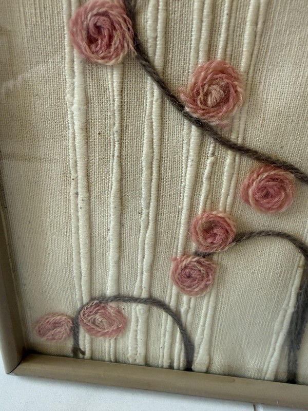Vintage 70s Framed Yarn Art 3D Pink Floral Blossom Fiber Mid Century Modern 21" gallery