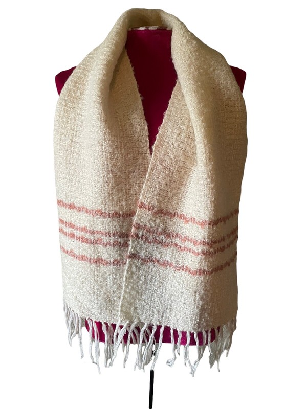 Vintage Berea College Crafts Hand Woven Scarf Fringe 52” X 11” Ivory Pink Wool