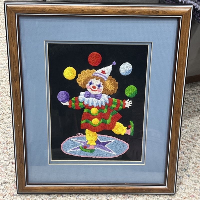 Vintage Clown Framed 15 X 12” Punch Art Needlepoint Handmade Framed B22