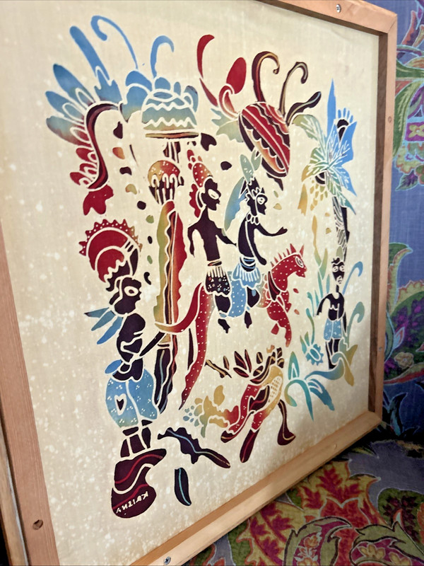 Vintage Batik Textile Stylized Figures Indonesian Art By Krishna Framed 18" X19" gallery