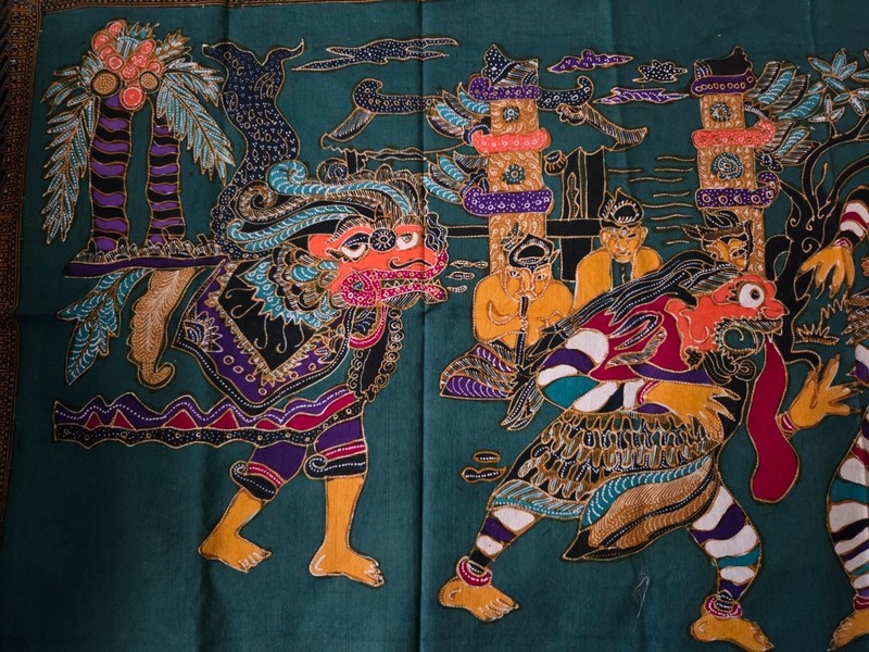Asian textile tapestry runner 41" x 19.5" cotton blend Dragon masks gallery