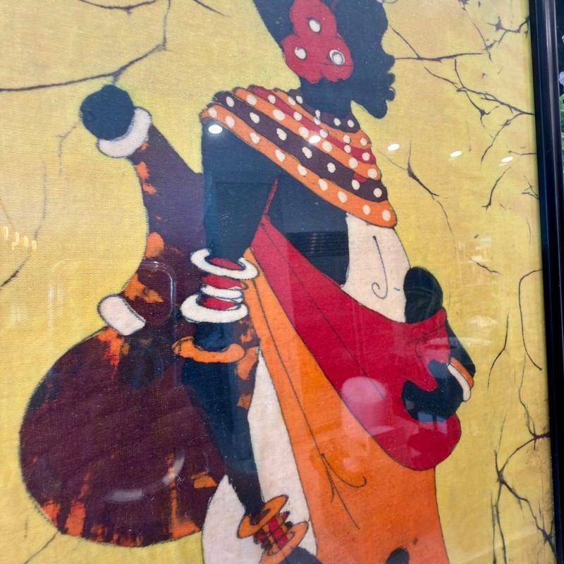 VTG African Batik Textile Wall Art Geometric Red Orange Yellow Framed gallery