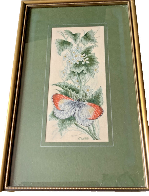 Orange Tip Butterfly Picture Vintage Tapestry Needlepoint Emboidery Cash’s Woven