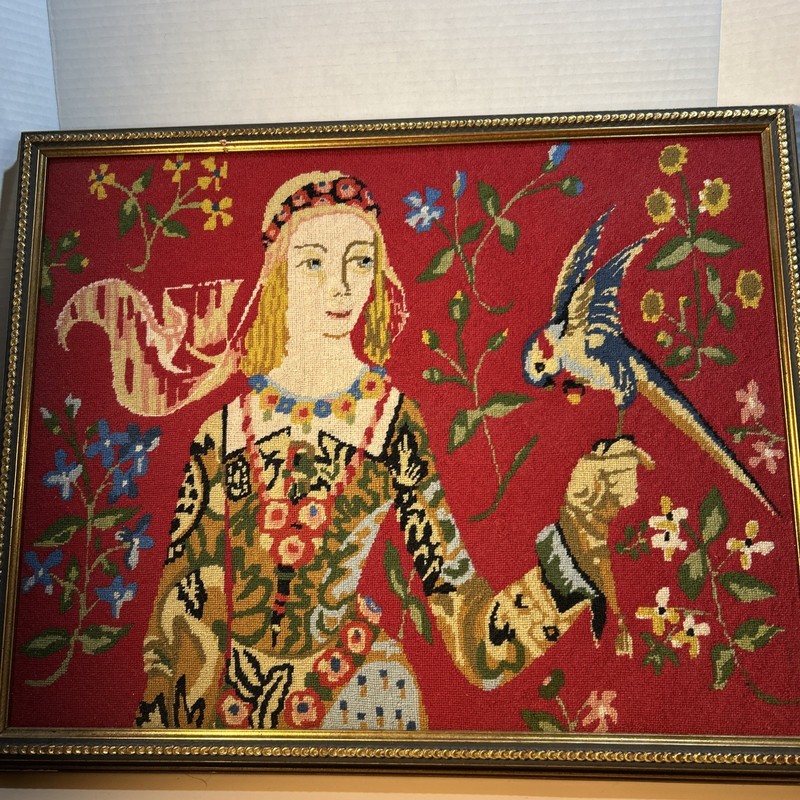 Woven Framed Tapestry Noblewoman With Bird Symbolizing The Sense Of Taste 20×16”