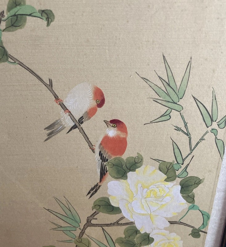 Vintage 12"x9" Japanese Art Orange Robins Birds on Branch Painted Silk Framed gallery