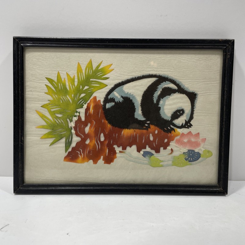 Vintage Jianzi Panda Framed Art Paper Cutting Chinese Small Framed Water Lotus