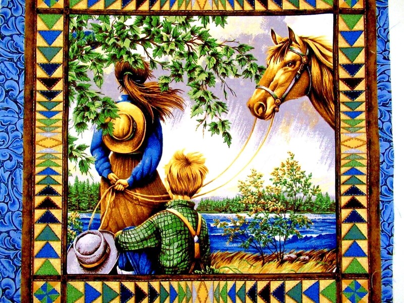 «CHILDREN & HORSE» ~ (FABRIC ART / QUILTING / WALL HANGING) ~ ** (17″ X 17″) **