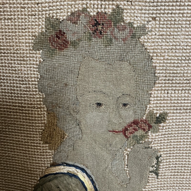 Antique Needlepoint Woolwork Girl And Flowers gallery