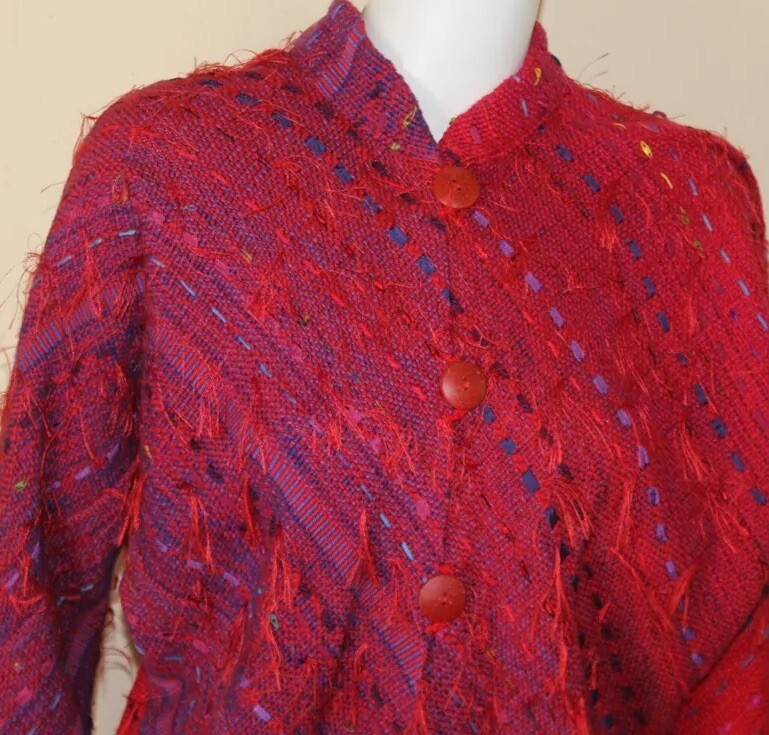 B Jane Doub Sz S M Rich Red Purple Hand-Woven Fiber Art-to-Wear Coat Jacket gallery