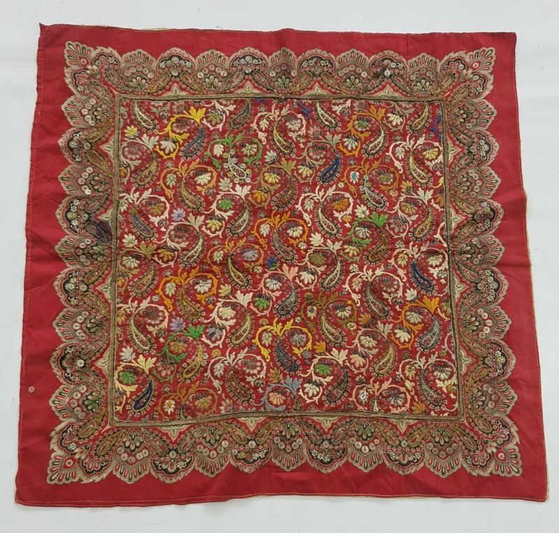 Vintage French Printed Paisley Hand Embroidered Panel 63x53cms