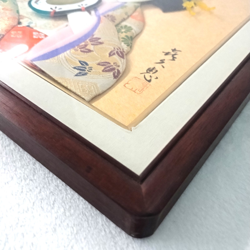 Japanese Geisha 3D Shadow Box Silk Porcelain Kimono Wall Art Wood Frame 13"x14" gallery