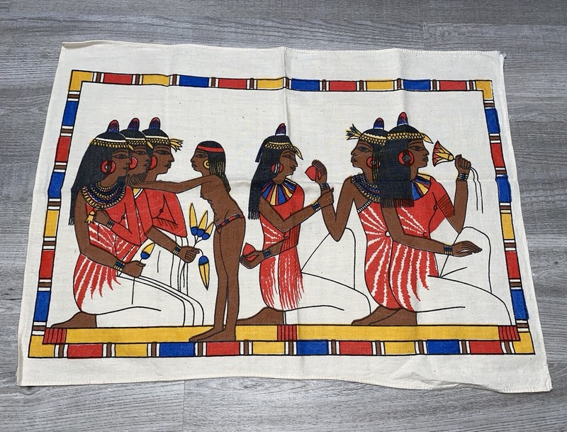 Vintage Egyptian Revival Textile Wall Hanging Linen Tapestry Lot of 2 gallery