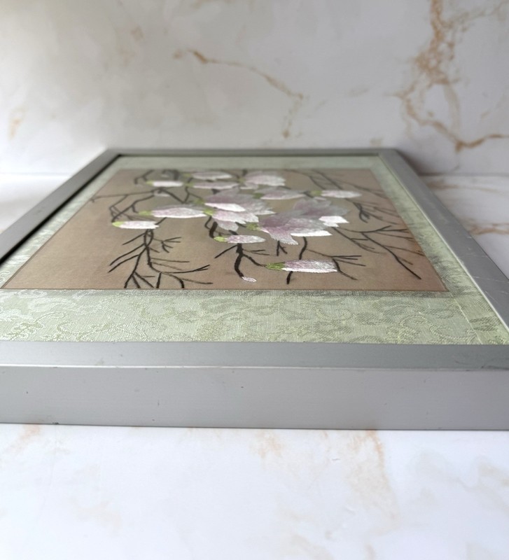 Vintage Magnolia Embroidery Framed Textile Art 32cm Floral Wall Decor Gallery VG gallery