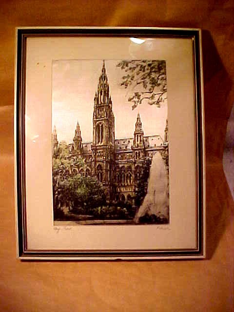 Vintage Signed Framed print – Etching on Silk CHURCH Scene FRAMED 10″ 12 3/8″