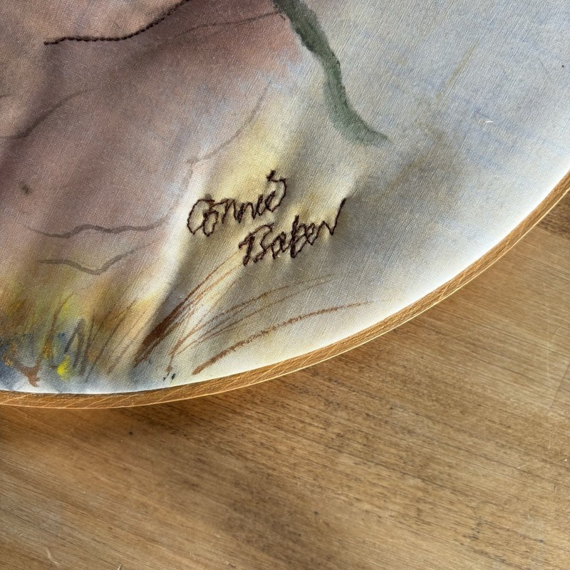 Signed Connie Baker Painted Watercolor Embroidered Pig Hoop Wall Art Americana gallery