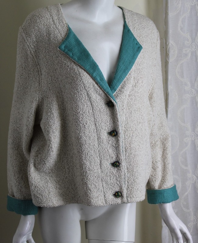 Dorothy Schutte Fiber Artist S M L Handwoven Tweed Oatmeal White Jacket gallery