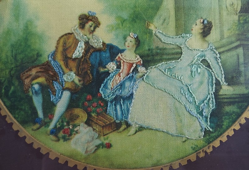 ANTIQUE PICTURE OF FABRIC WITH EMBRODIERED DETAILS FRAMED & MATTED 19TH CENTURY gallery