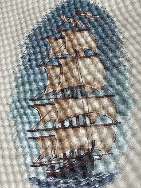 Wool Textile Art Picture Twin Mast 8 Sail Galleon Framed Glass Front 45cm x 37cm gallery