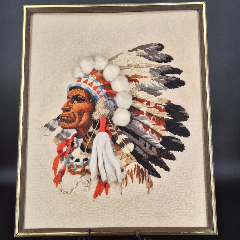 Vintage Native American Chief Portrait Yarn Art Needlepoint Framed Wall Decor