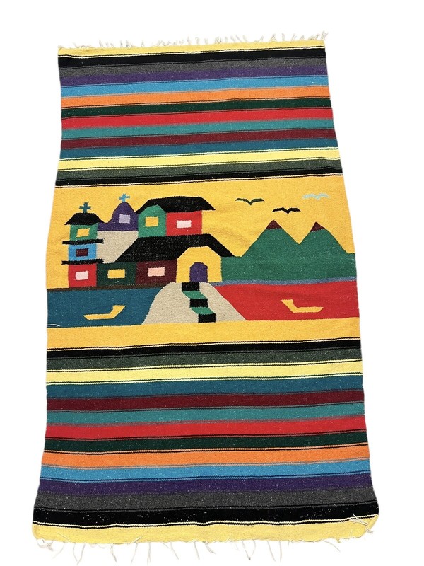 VTG Southwest Tapestry Woven Blanket Church Town Birds Pueblo Mexico Color Block
