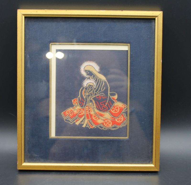 Vintage Hand Woven Silk Portrait Madonna Child Japan 1961 Framed Textile Art