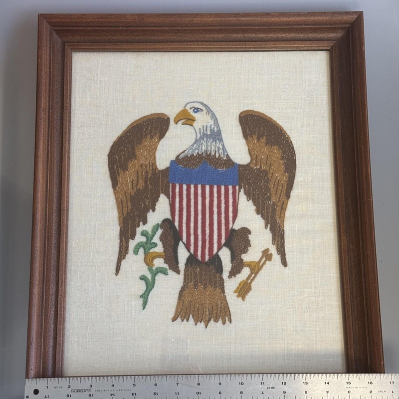 Vtg Patriotic Eagle Embroidery Crewel Framed MCM Wall Art Americana 17"x20" gallery
