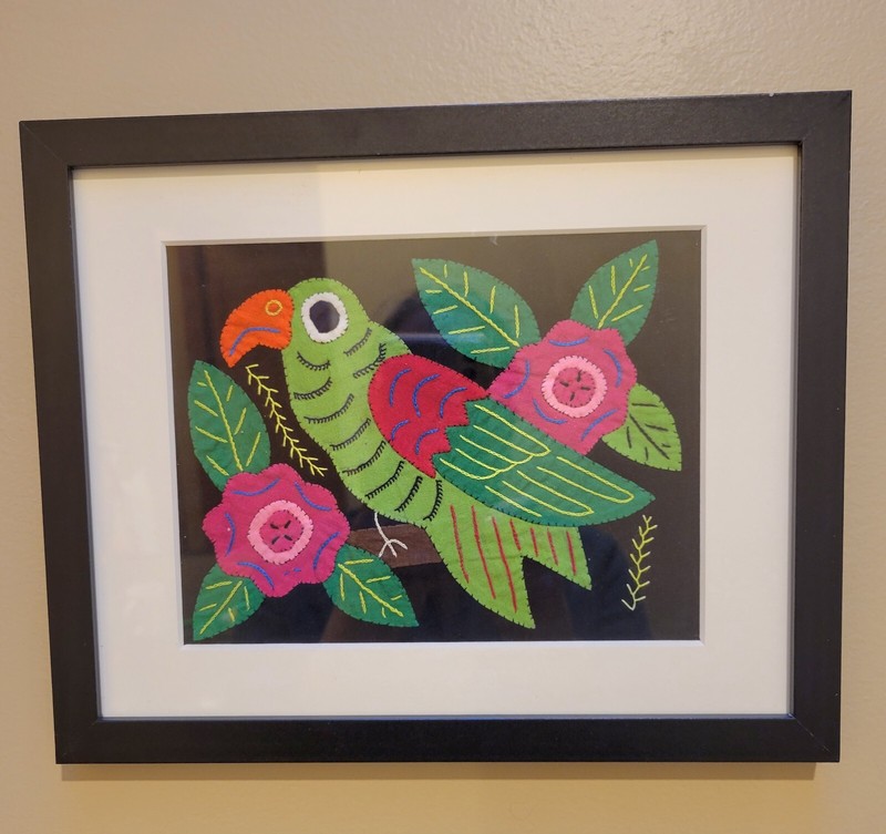 Parrot Applique Needlecraft Picture In Frame, Handcrafted, Green, Multicolored