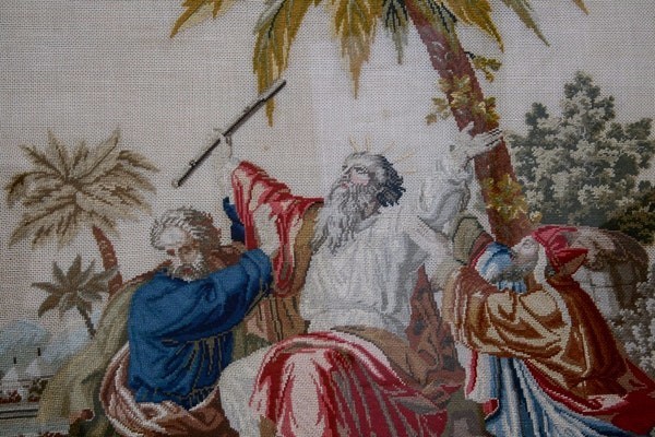 Large Antique Portrait Needlework of Moses from Exodus 17:12 gallery