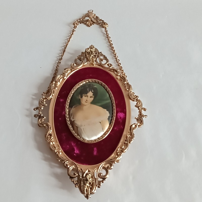 Vintage Italian Oval Wall Hangings - Brass Frame Print Silk Lady Portraits gallery