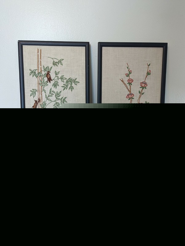 Vintage Needlework Crane Flying by Bamboo and Bird Perched on Cherry Blossom