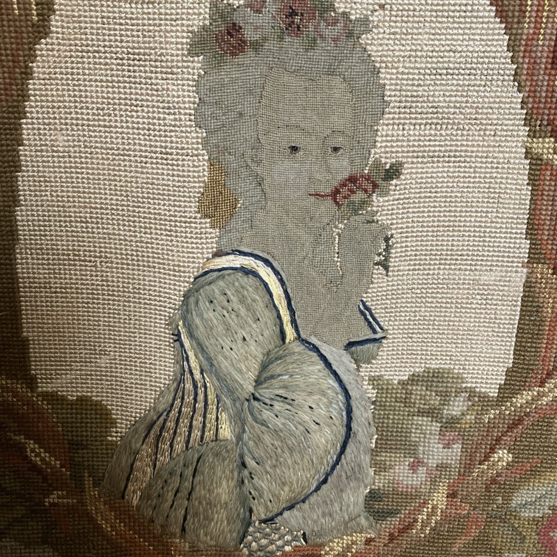 Antique Needlepoint Woolwork Girl And Flowers gallery