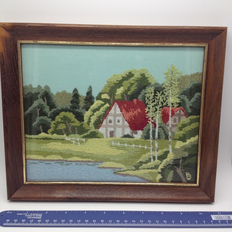 Vintage Framed Fabric of Cottage by Lake Embroidery Trees 9.5 X 11.5 Signed 1989