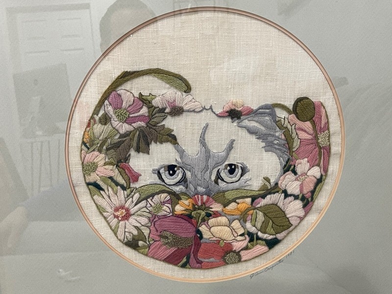 1981 Signed JoAnn Jo Ann Carpenter Framed Embroidery Textile Art Cat in Flowers gallery